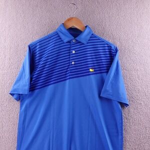 Masters Tech Golf Polo Shirt Mens S Blue Striped Short Sleeve Masters Logo